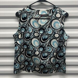 Vinci Womens Top Size M Blue Black Geometric Retro Psychedelic Sleeveless Blouse